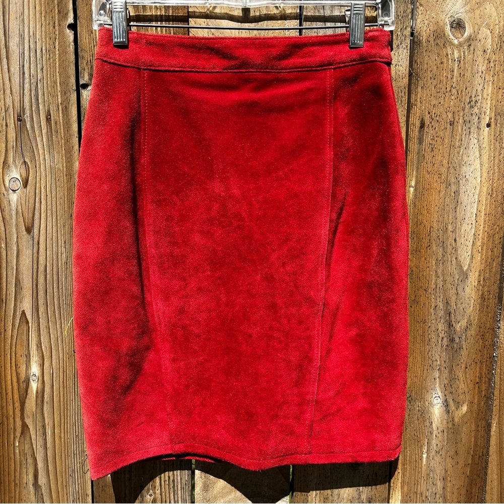 Vintage 80s 100% Leather Suede Chia Red Pencil Skirt - Picture 2 of 5